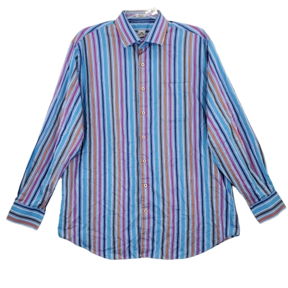 Peter Millar Shirt Mens XL Blue Pink White Striped Long Sleeve Button Up Cotton - Picture 1 of 13